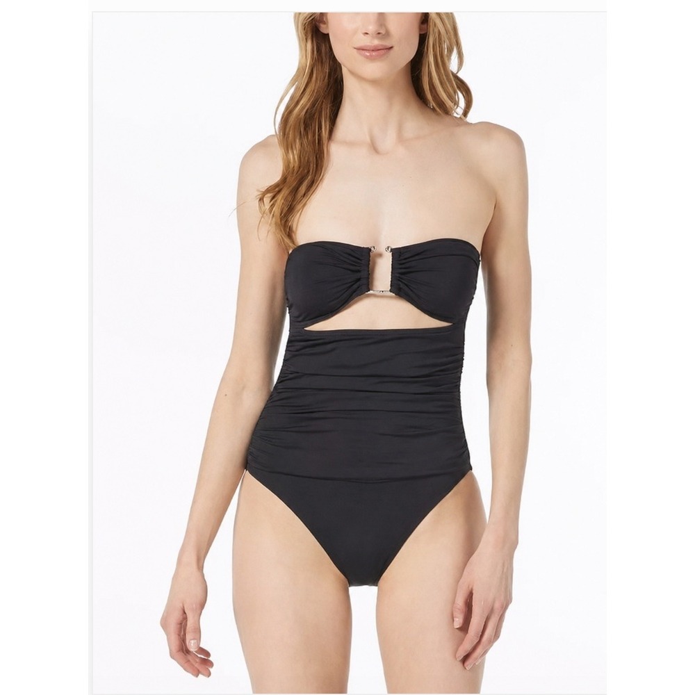 NWT Michael Kors One Piece Swimsuit Women Black Ruched Bandeau Cutout 14 $140